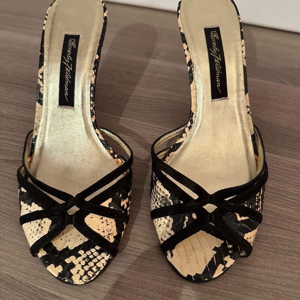 Beverly Feldman vintage snakeskin print open toed heels